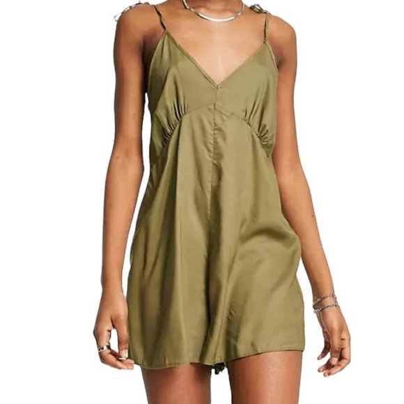 ASOS Pants - Asos Swing Tie Shoulder Romper Khaki Green 4